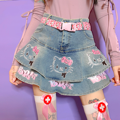 Japanese kitty pink street hiphop style trendy y2k hot girl fashion short denim cake skirt