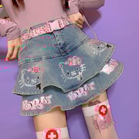 Japanese Kitty Pink Street Hiphop Style Trendy Y2K Hot Girl Fashion Short Denim Cake Skirt - Thumbnail 2