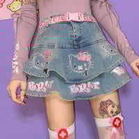 Japanese Kitty Pink Street Hiphop Style Trendy Y2K Hot Girl Fashion Short Denim Cake Skirt - Thumbnail 1