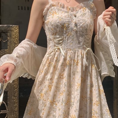 Spring summer fairy yellow wild cicada flower strap dress - Thumbnail 4