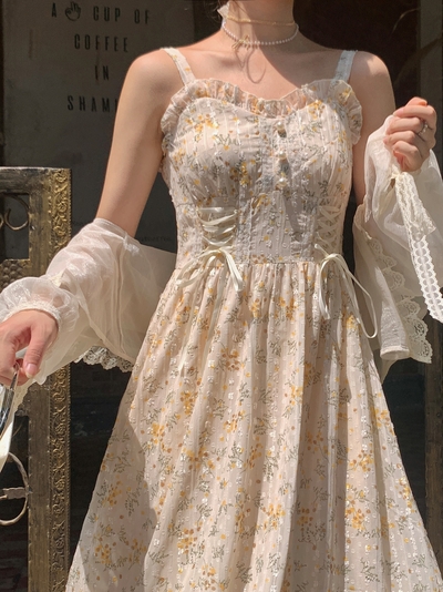 Spring Summer Fairy Yellow Wild Cicada Flower Strap Dress