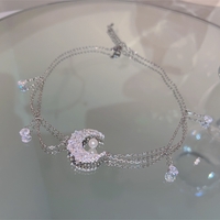 Crescent Moon Silver Luxury Pretty Girl Angelic Diamond Chain Tassel Pendant Necklace - Thumbnail 7