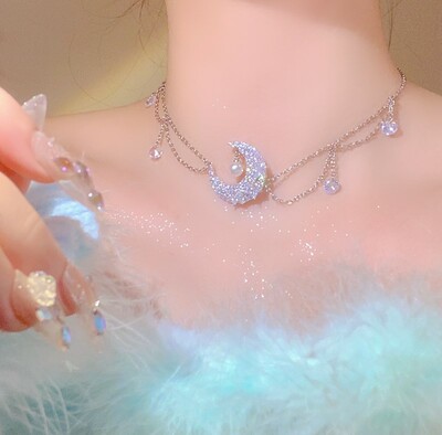 Crescent Moon Silver Luxury Pretty Girl Angelic Diamond Chain Tassel Pendant Necklace