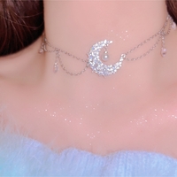 Crescent Moon Silver Luxury Pretty Girl Angelic Diamond Chain Tassel Pendant Necklace - Thumbnail 3