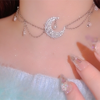 Crescent Moon Silver Luxury Pretty Girl Angelic Diamond Chain Tassel Pendant Necklace - Thumbnail 4