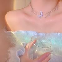 Crescent Moon Silver Luxury Pretty Girl Angelic Diamond Chain Tassel Pendant Necklace - Thumbnail 1