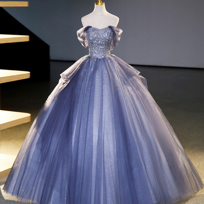 Blue tulle sequins long ball gown, a-line tulle prom dress - Thumbnail 2