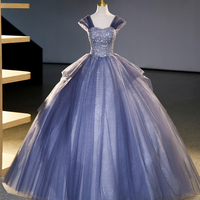 Blue Tulle Sequins Long Ball Gown, A-Line Tulle Prom Dress - Thumbnail 4