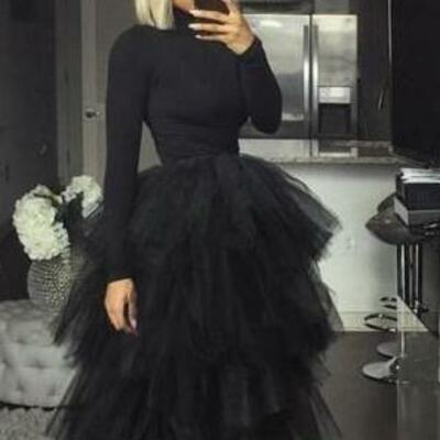 Sexy black long sleeves tulle prom dresses - Thumbnail 1