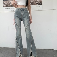 Pink Strap Spring Summer Spicy Hot Girls High Waist Ragged Edge Micro Flare Split Long Pants Light Denim Jeans - Thumbnail 6