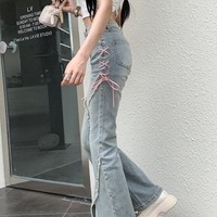 Pink Strap Spring Summer Spicy Hot Girls High Waist Ragged Edge Micro Flare Split Long Pants Light Denim Jeans - Thumbnail 5