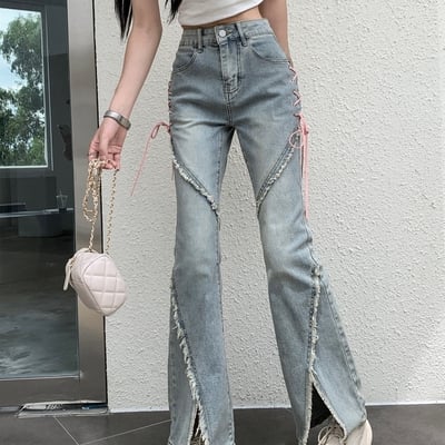 Pink strap spring summer spicy hot girls high waist ragged edge micro flare split long pants light denim jeans - Thumbnail 4