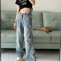 Star Patch Summer Cool Hot Girls High Waist Wide Long Pants Blue Denim Jeans - Thumbnail 2
