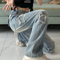 Star Patch Summer Cool Hot Girls High Waist Wide Long Pants Blue Denim Jeans - Thumbnail 4