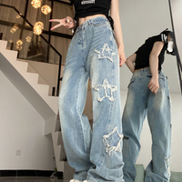 Star Patch Summer Cool Hot Girls High Waist Wide Long Pants Blue Denim Jeans - Thumbnail 5