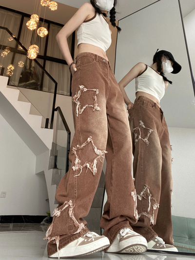 Star Patch Summer Cool Hot Girls High Waist Wide Long Pants Brown Denim Jeans