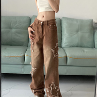 Star Patch Summer Cool Hot Girls High Waist Wide Long Pants Brown Denim Jeans - Thumbnail 3