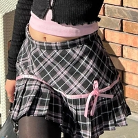 Pink Plaid Stripe Pleated High Waist Mini Skirt - Thumbnail 2