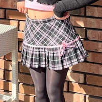 Pink Plaid Stripe Pleated High Waist Mini Skirt - Thumbnail 4