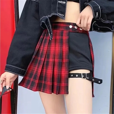 Red & Black Plaid Pleated Side Button Mini Skirt