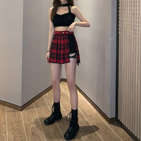 Red & Black Plaid Pleated Side Button Mini Skirt - Thumbnail 3