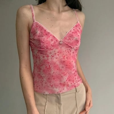 Pink floral mesh sheer v-neck crop top - Thumbnail 5