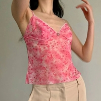 Pink Floral Mesh Sheer V-Neck Crop Top - Thumbnail 2