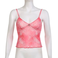 Pink Floral Mesh Sheer V-Neck Crop Top - Thumbnail 3