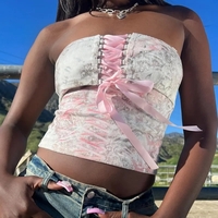 Pink Floral Ribbon Lace Up Corset Top - Thumbnail 1