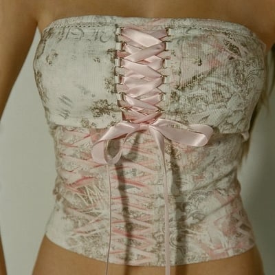 Pink Floral Ribbon Lace Up Corset Top