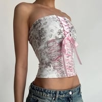 Pink Floral Ribbon Lace Up Corset Top - Thumbnail 3