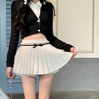 Preppy Pleated Bow Patchwork Mini Skirt - Thumbnail 4
