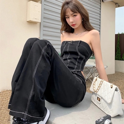 2PCS Black Denim Corset + Straight Flare Jeans