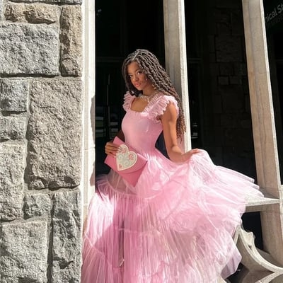 Pink fairy mesh puffy square neck long dress - Thumbnail 3