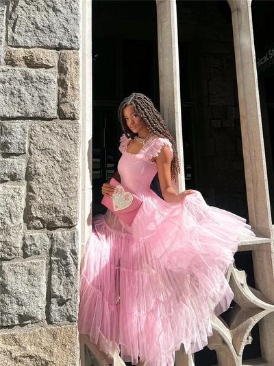 Pink Fairy Mesh Puffy Square Neck Long Dress