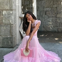 Pink Fairy Mesh Puffy Square Neck Long Dress - Thumbnail 1