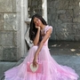 Pink Fairy Mesh Puffy Square Neck Long Dress-1