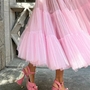 Pink Fairy Mesh Puffy Square Neck Long Dress-3