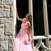 Pink Fairy Mesh Puffy Square Neck Long Dress - Thumbnail 4