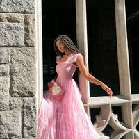 Pink Fairy Mesh Puffy Square Neck Long Dress - Thumbnail 5