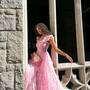 Pink Fairy Mesh Puffy Square Neck Long Dress-1