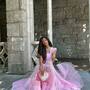 Pink Fairy Mesh Puffy Square Neck Long Dress-2