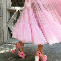 Pink Fairy Mesh Puffy Square Neck Long Dress - Thumbnail 7