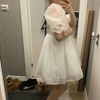 White Puff Sleeve A-Line High Waist Mini Dress - Thumbnail 1