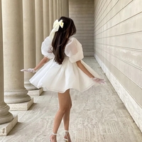 White Puff Sleeve A-Line High Waist Mini Dress - Thumbnail 5