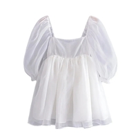 White Puff Sleeve A-Line High Waist Mini Dress - Thumbnail 6