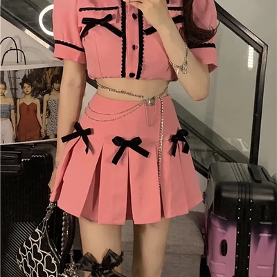 2pcs pink plaid lapel bow puff sleeve crop top + mini skirt