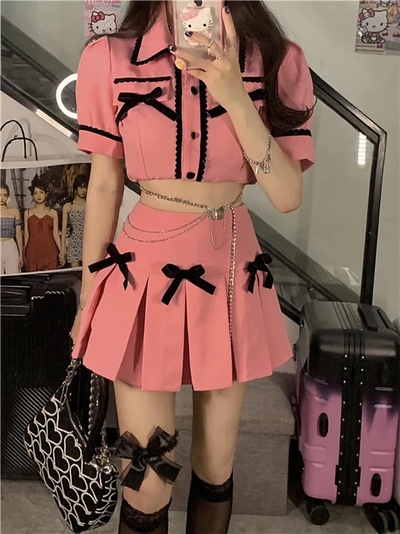2PCS Pink Plaid Lapel Bow Puff Sleeve Crop Top + Mini Skirt