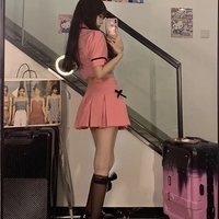 2PCS Pink Plaid Lapel Bow Puff Sleeve Crop Top + Mini Skirt - Thumbnail 1