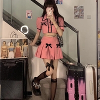 2PCS Pink Plaid Lapel Bow Puff Sleeve Crop Top + Mini Skirt - Thumbnail 4